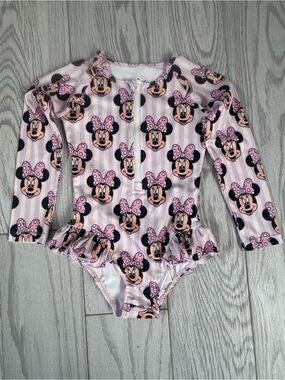 Girls' Pink Long-Sleeve Minnie Mouse One-Piece Swimsuit with Ruffle Skirt